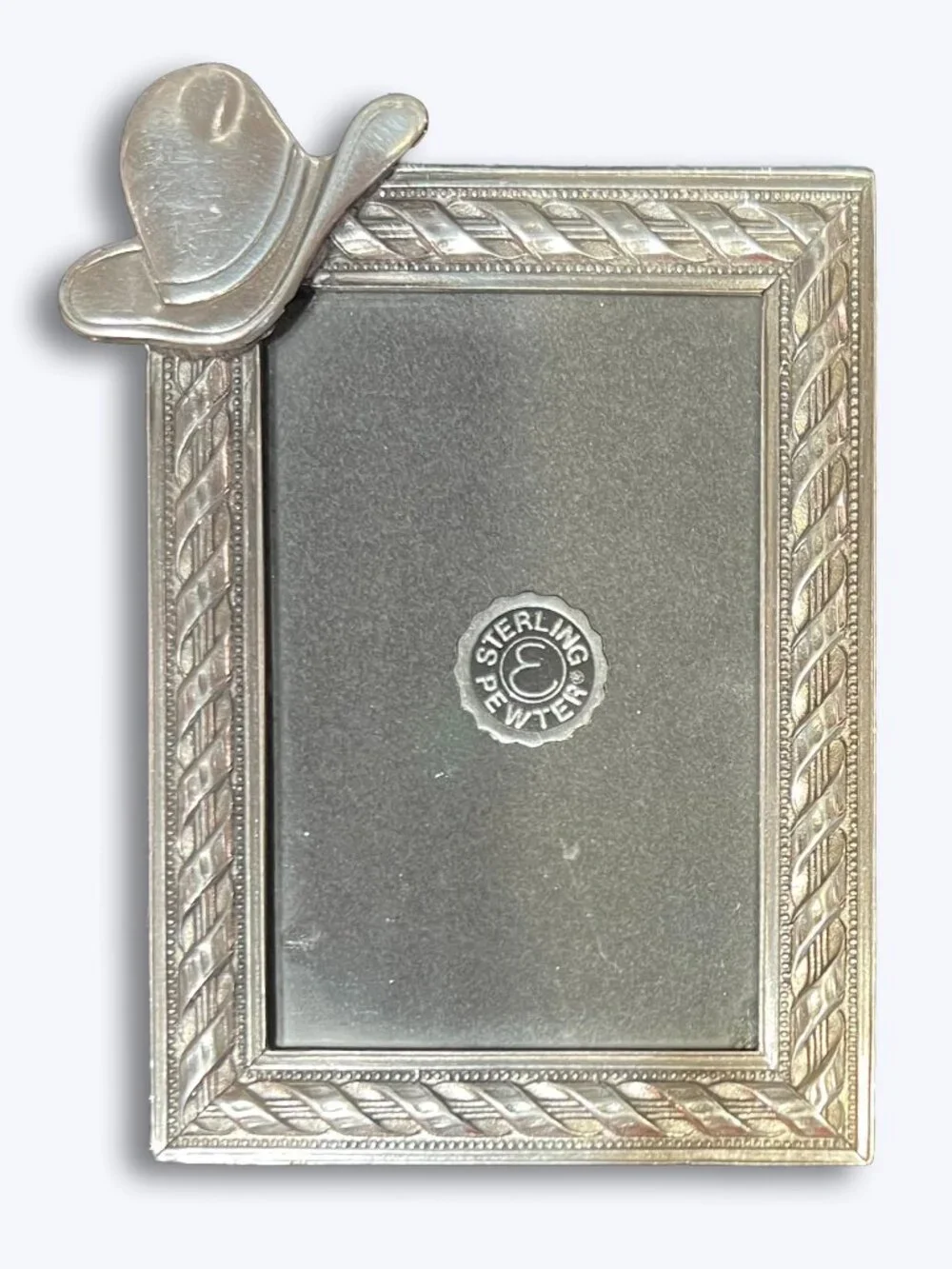 Vtg ELIAS Sterling Pewter Western Cowboy Hat Picture Frame 1992 USA Rope Border